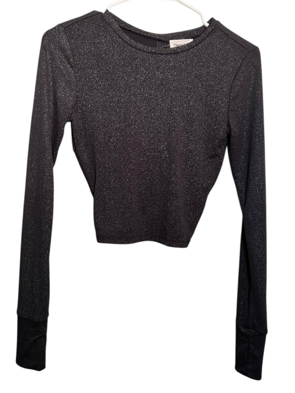 Open Edit Women's Size XXS Long Sleeve Athletic Top Gray Metallic Open Back Crop